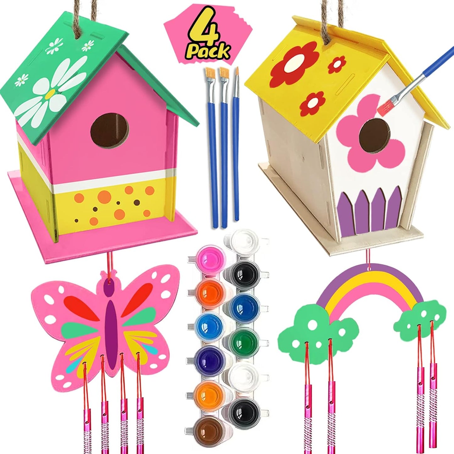 Skiennix DIY Bird House Kit - 4 Pack Wooden Arts & Crafts for Kids Ages 4-8 | Fun Build & Paint Activity