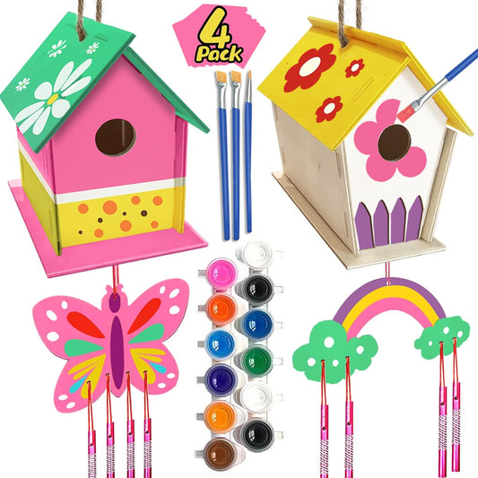 Skiennix DIY Bird House Kit - 4 Pack Wooden Arts & Crafts for Kids Ages 4-8 | Fun Build & Paint Activity