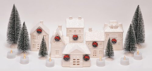Mark Feldstein & Associates Holiday Wreath Village - 18-Piece White Porcelain LED Christmas Figurines with Trees