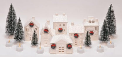 Mark Feldstein & Associates Holiday Wreath Village - 18-Piece White Porcelain LED Christmas Figurines with Trees
