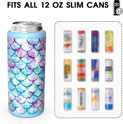TILUCK Slim Can Cooler - Insulated Stainless Steel for 12 oz Beer & Hard Seltzer | Fish Scales Design
