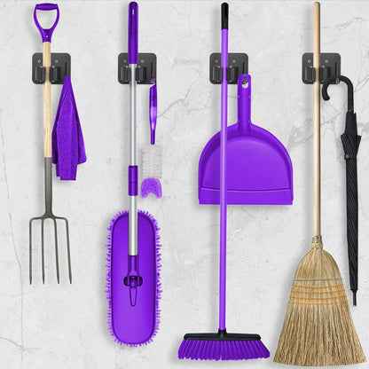 Stainless Steel Broom Holder - Heavy Duty, Rust Resistant with 4 Gripper Positions & Hooks | Black