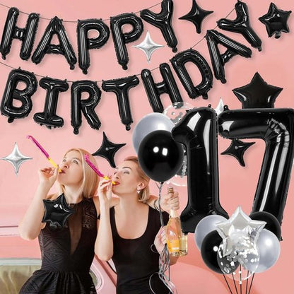 17 Balloon Numbers by 32 Inch - Happy Birthday Foil Letters & Star Balloons | Silver & Black Party Decor