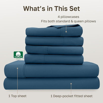 California Design Den Queen Size Sheet Set - 6-Pc 400 Thread Count 100% Cotton, Deep Pocket, Peacock Blue