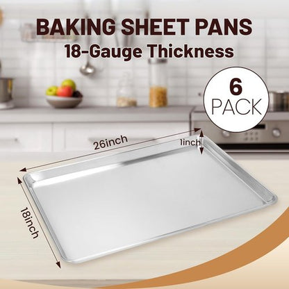 BIEAMA Full Size Baking Sheet Pan - Durable Aluminum for Oven & Freezer | 26" x 18" - 6 Pack