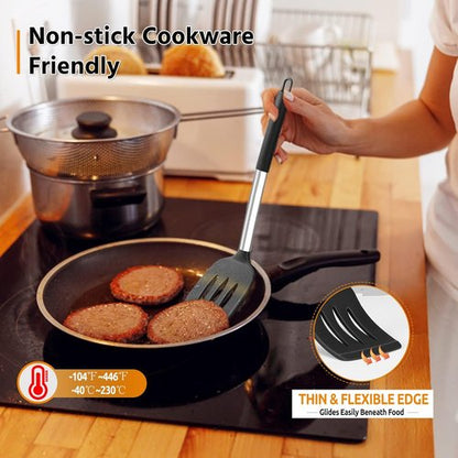 E-far Silicone Cooking Utensils Set - Heat Resistant & Non-Toxic for Non-Stick Cookware | 4-Piece Black Set