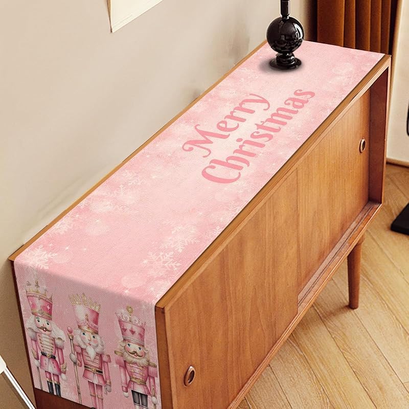 Pink Nutcrackers Table Runner 13x90in, Christmas Linen Decor