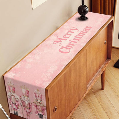 Pink Nutcrackers Table Runner 13x90in, Christmas Linen Decor