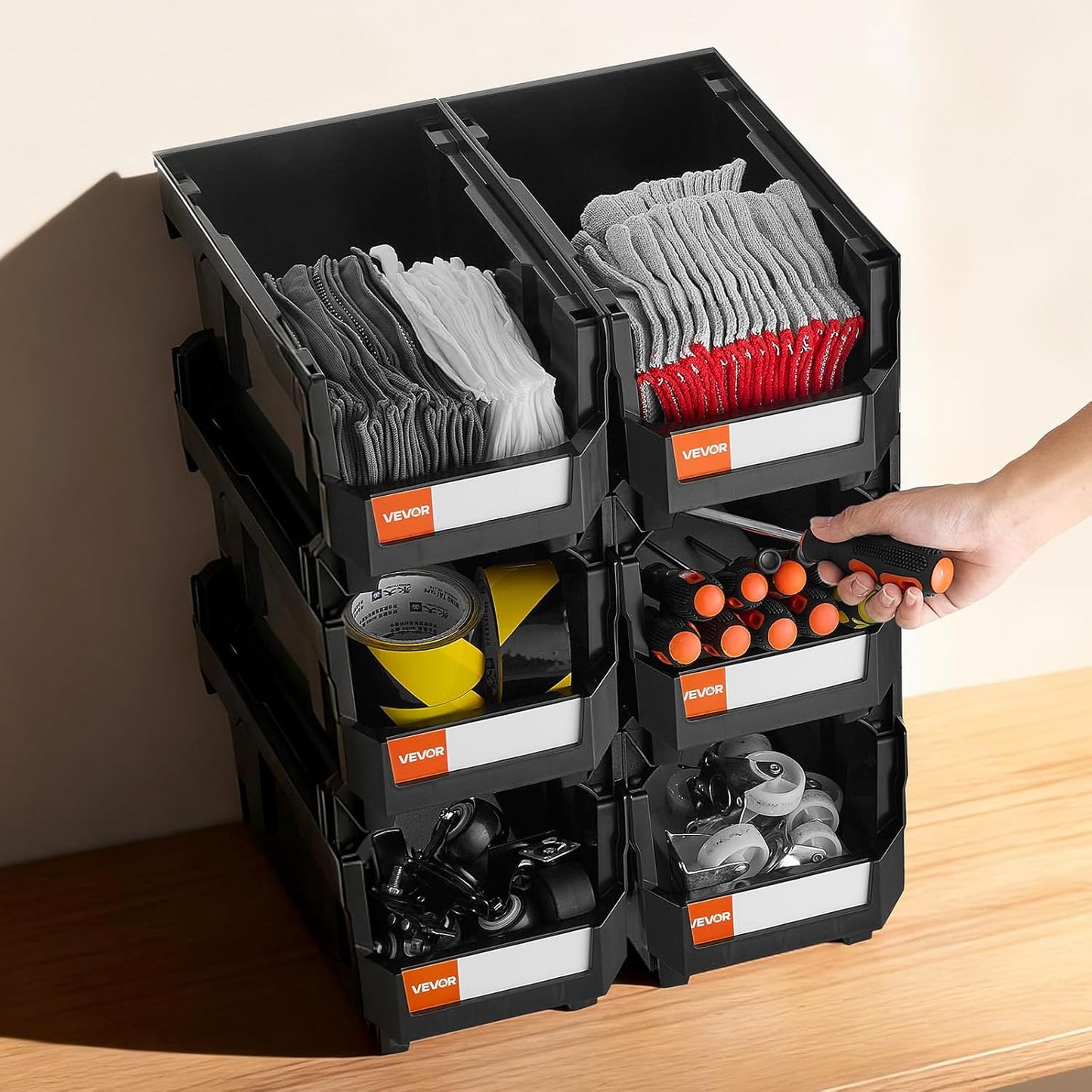 VEVOR Stackable Plastic Storage Bins - 6 Pack Organizing Containers for Closet, Garage, Office | 14.8 x 8.5 x 7.1 Inch, Black