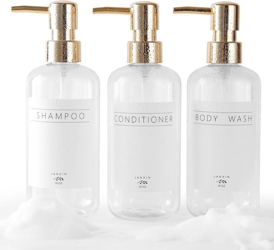 Skiennix Shampoo and Conditioner Dispenser Set - Modern 16oz Refillable Bottles with Pump | Stylish Clear Design