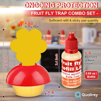 Qualirey Fruit Fly Trap - Indoor 4-Pack with Refill Liquid & 60 Sticky Pads | Safe for Pets & Kids