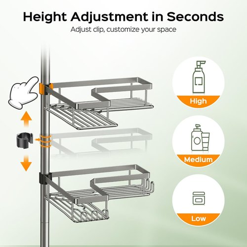 HAMITOR Shower Caddy | 4-Tier Rustproof Bathroom Organizer - Adjustable No-Drill Shelf for Renters - 47-123 Inch Silver Gray
