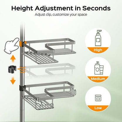 HAMITOR Shower Caddy | 4-Tier Rustproof Bathroom Organizer - Adjustable No-Drill Shelf for Renters - 47-123 Inch Silver Gray
