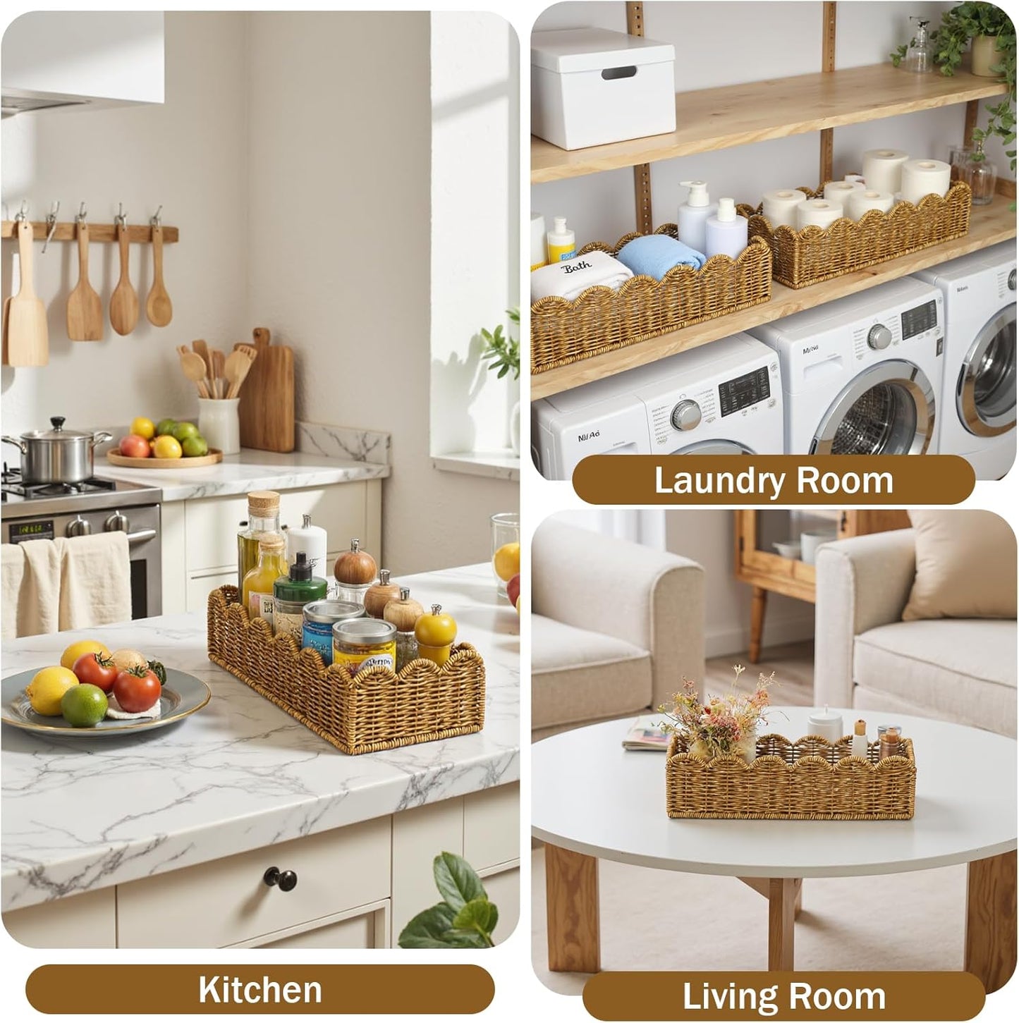 Scalloped Toilet Paper Basket - Handmade Water-Resistant Organizer in Natural Tan for Scandinavian Kitchens