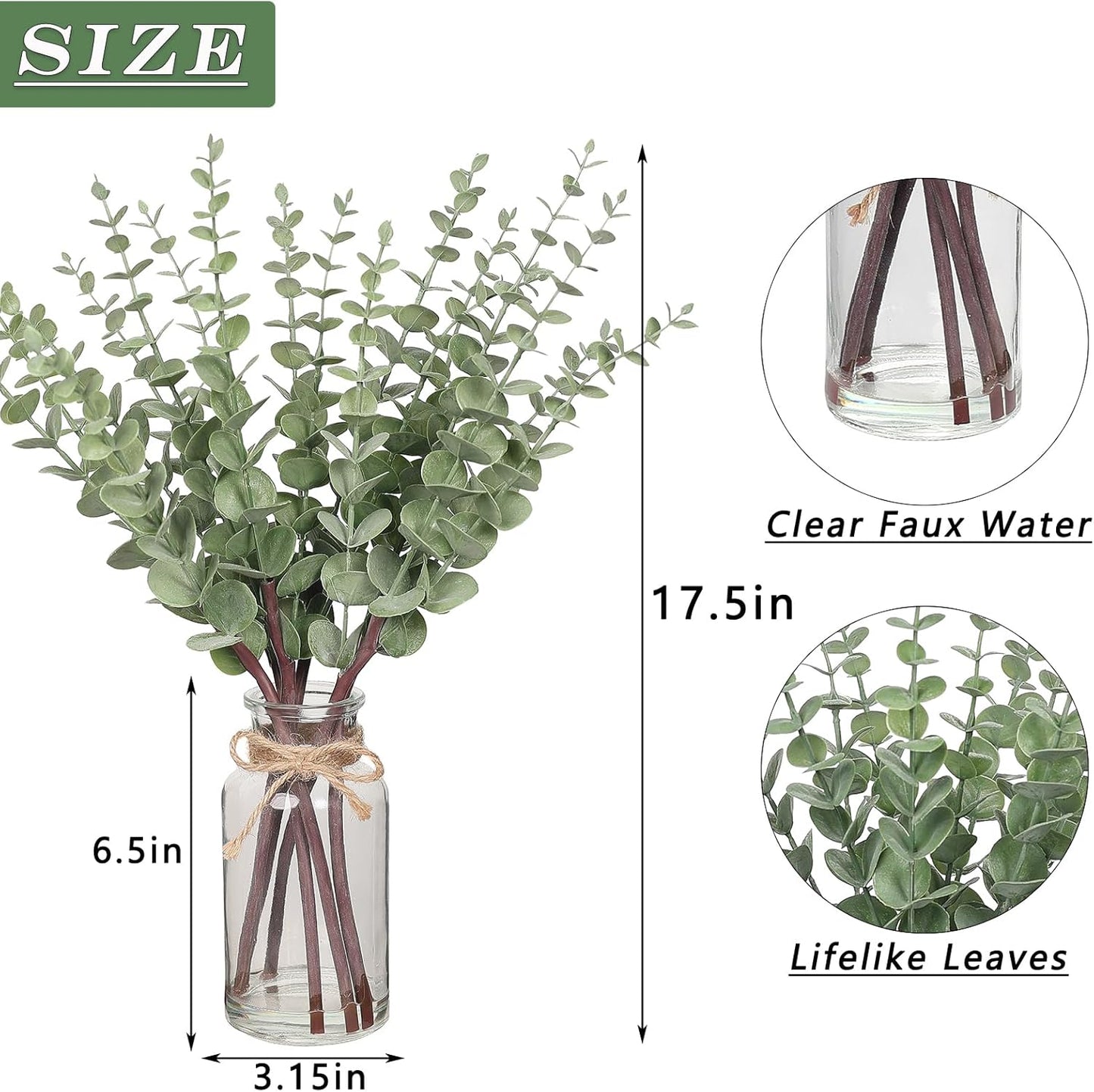 VIERENA Eucalyptus Stems - 17.5" Artificial Plant in Glass Vase with Faux Water | Sage Green Centerpiece Decor