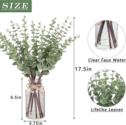 VIERENA Eucalyptus Stems - 17.5" Artificial Plant in Glass Vase with Faux Water | Sage Green Centerpiece Decor