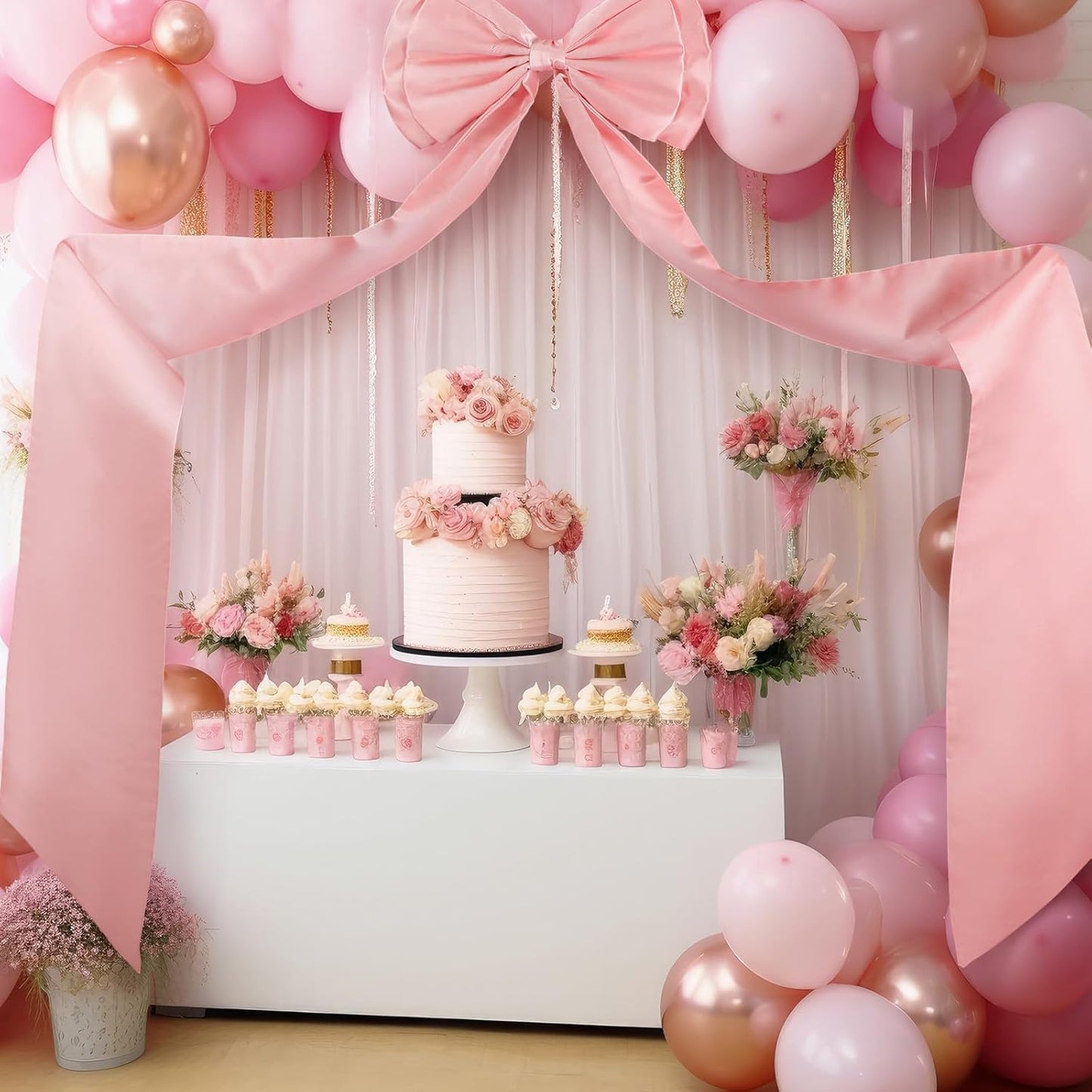 Wavwavw Wedding Bow Decor - Giant Dusty Pink Satin Bows for Room Wall Backdrop | 75x18 Inch
