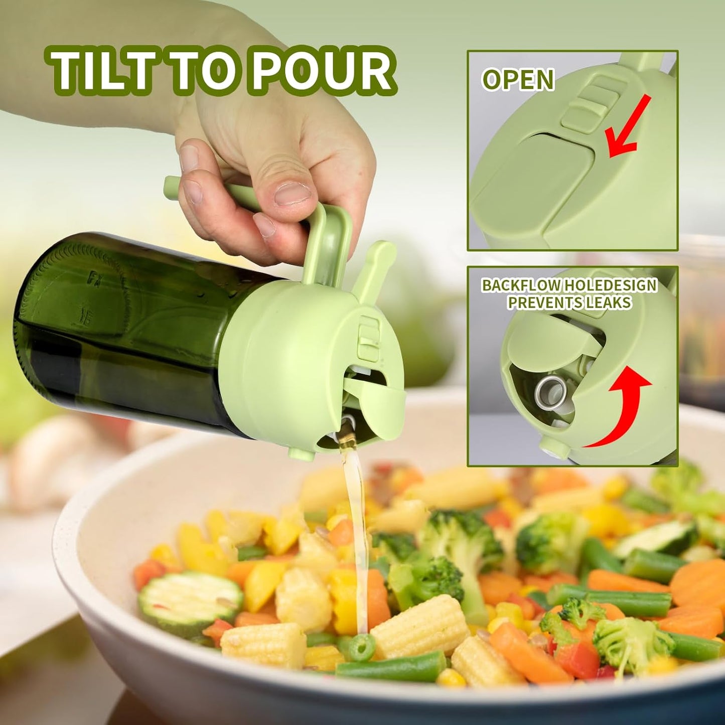 Upgraded 16oz Glass Olive Oil Sprayer - 2-in-1 No-Leak Spray & Pour Dispenser for Cooking, Salad & BBQ | Fine Mist, Easy Fill, Dishwasher Safe