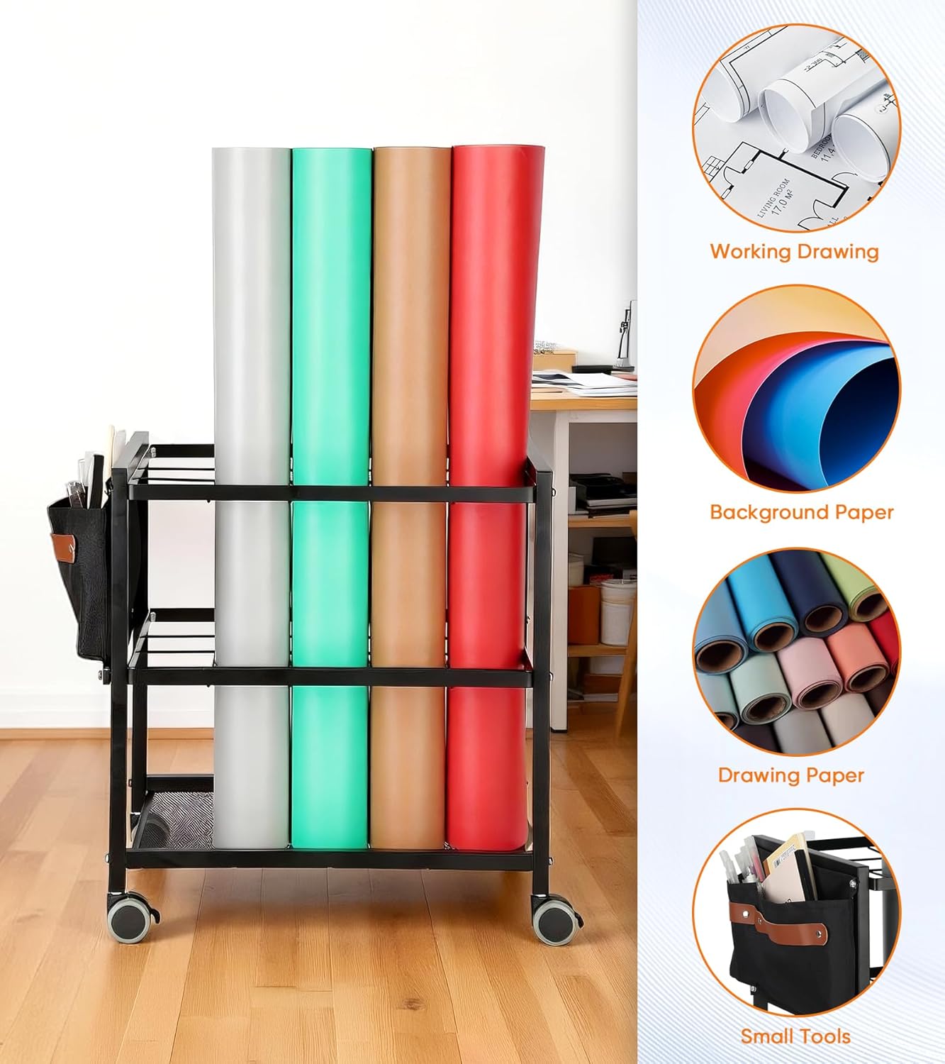 Blueprint Storage Rack Cart - Metal Mobile Holder with 20 Slots & Side Storage Bags | 3.2” x 3.2” Grids