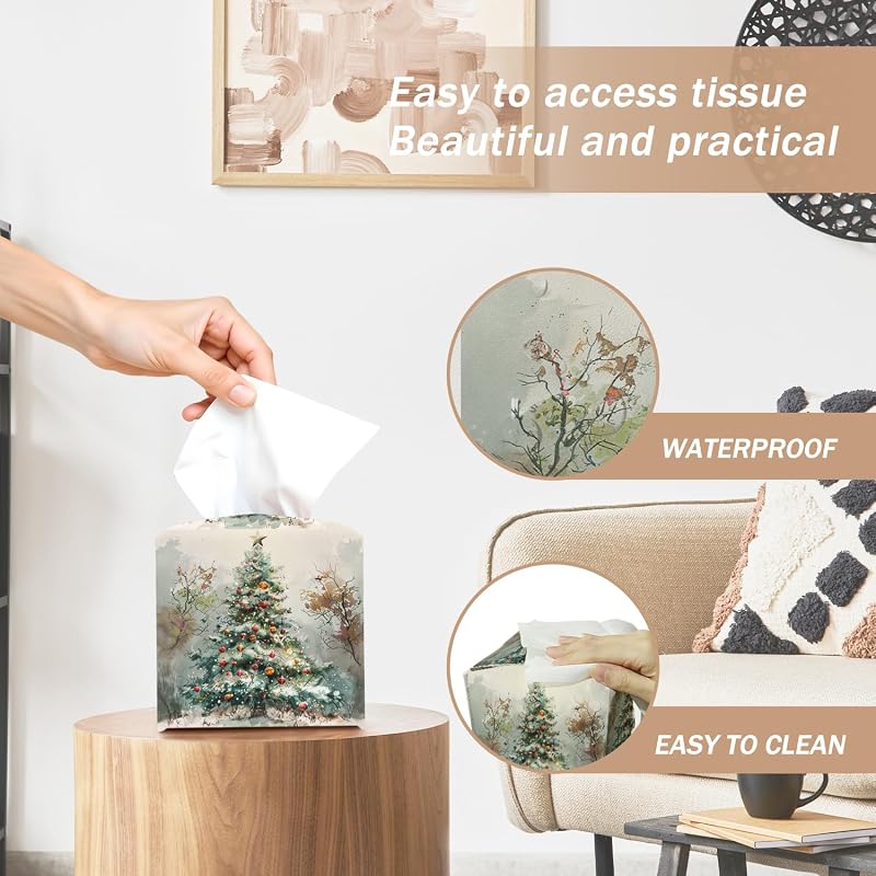 Christmas Tree Tissue Box Cover with Bottom Belt - Winter PU Leather, 5.2 x 5.2 x 5.2 Inches, Securable, White