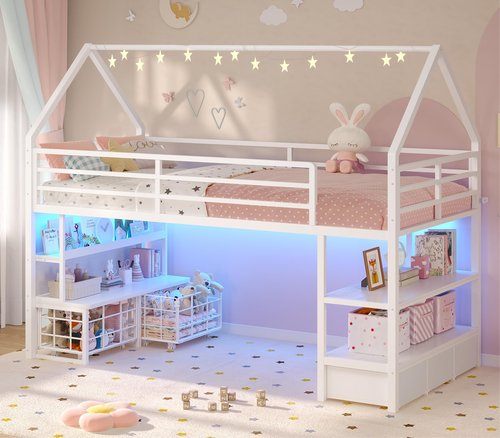 ADORNEVE Low Loft Bed Twin Size with 5 Storage Drawers, Twin Loft Bed with Bookcase & LED Lights, Open Storage Shelves, Metal House Bed with Safety Guardrail & Under-Bed Play Space for Kids, White