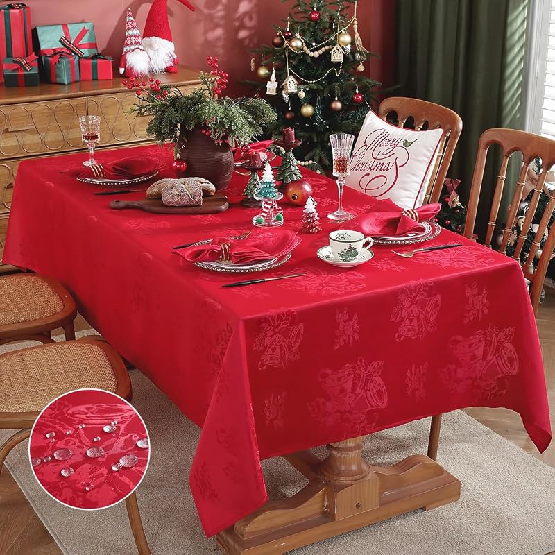 Rectangle Christmas Tablecloth 60x102 In - Jingle Bell Holly Damask, Red, Stain Resistant, Washable, Premium Polyester