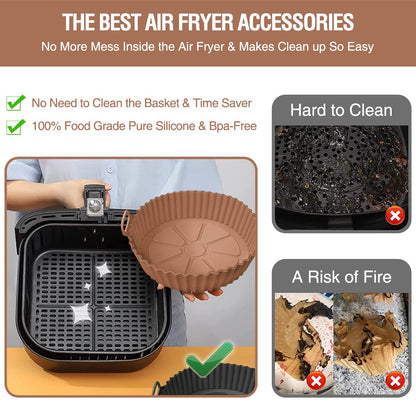 2 Pack Air Fryer Silicone Liners Pot for 3 to 5 QT, Air Fryer Silicone Basket Bowl, Replacement of Flammable Parchment Paper, Reusable Baking Tray Oven Accessories, Brown+Blk, (Top 8in, Bottom 6.75in)