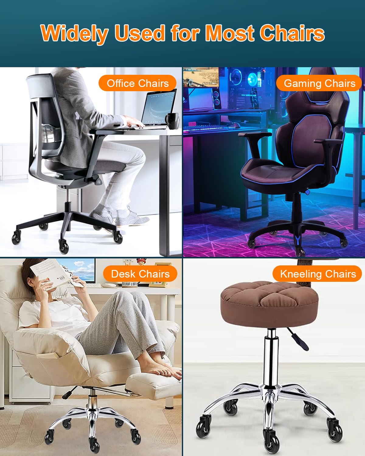 RidRed Office Chair Wheels - Heavy-Duty 3 Inch Rubber Casters - Universal Fit, Noise-Free, Ideal for All Floors (Set of 5)