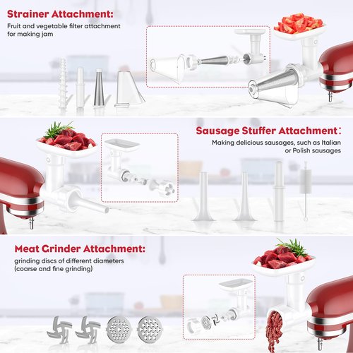 Fruit and Vegetable Strainer Attachment for Kitchenaid Stand Mixer, Includes Food Grinder Attachment for Kitchenaid Mixers, with Sausage Stuffer Tubes and Fruits Jucier Auger Strainer By HOZODO