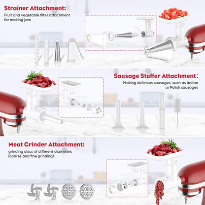 Fruit and Vegetable Strainer Attachment for Kitchenaid Stand Mixer, Includes Food Grinder Attachment for Kitchenaid Mixers, with Sausage Stuffer Tubes and Fruits Jucier Auger Strainer By HOZODO