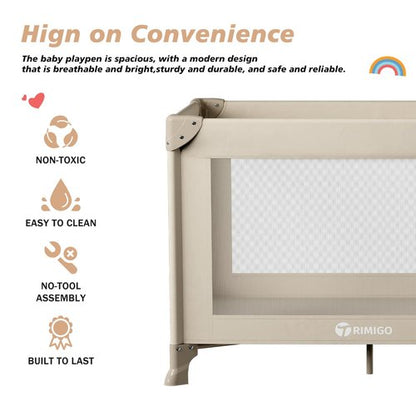 Trimigo Portable Travel Crib & Playpen - Baby Safe Folding Travel Bed w/Mattress, Breathable Mesh | Compact Lightweight Baby Bed | Pack and Play for Babies & Toddlers (Khaki)