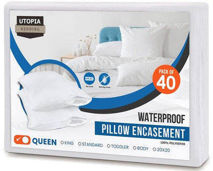 Utopia Bedding Premium 100% Waterproof Pillow Protectors with Zipper Queen Size (Set of 40), Bed Bug and Dust Mite Proof Zippered Pillow Covers, Pillow Encasement Cases, White