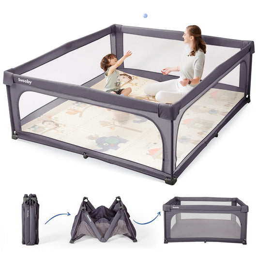 Sweeby Baby Playpen - 59x59 Inch Indoor/Outdoor Play Yard with Door for Babies & Toddlers | Dark Grey