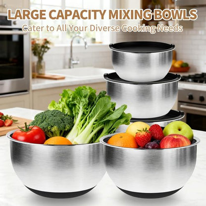 Deedro Premium Mixing Bowls Set - 22Pcs Thicker Stainless Steel with Airtight Lids | Non-Slip Silicone Base, Black