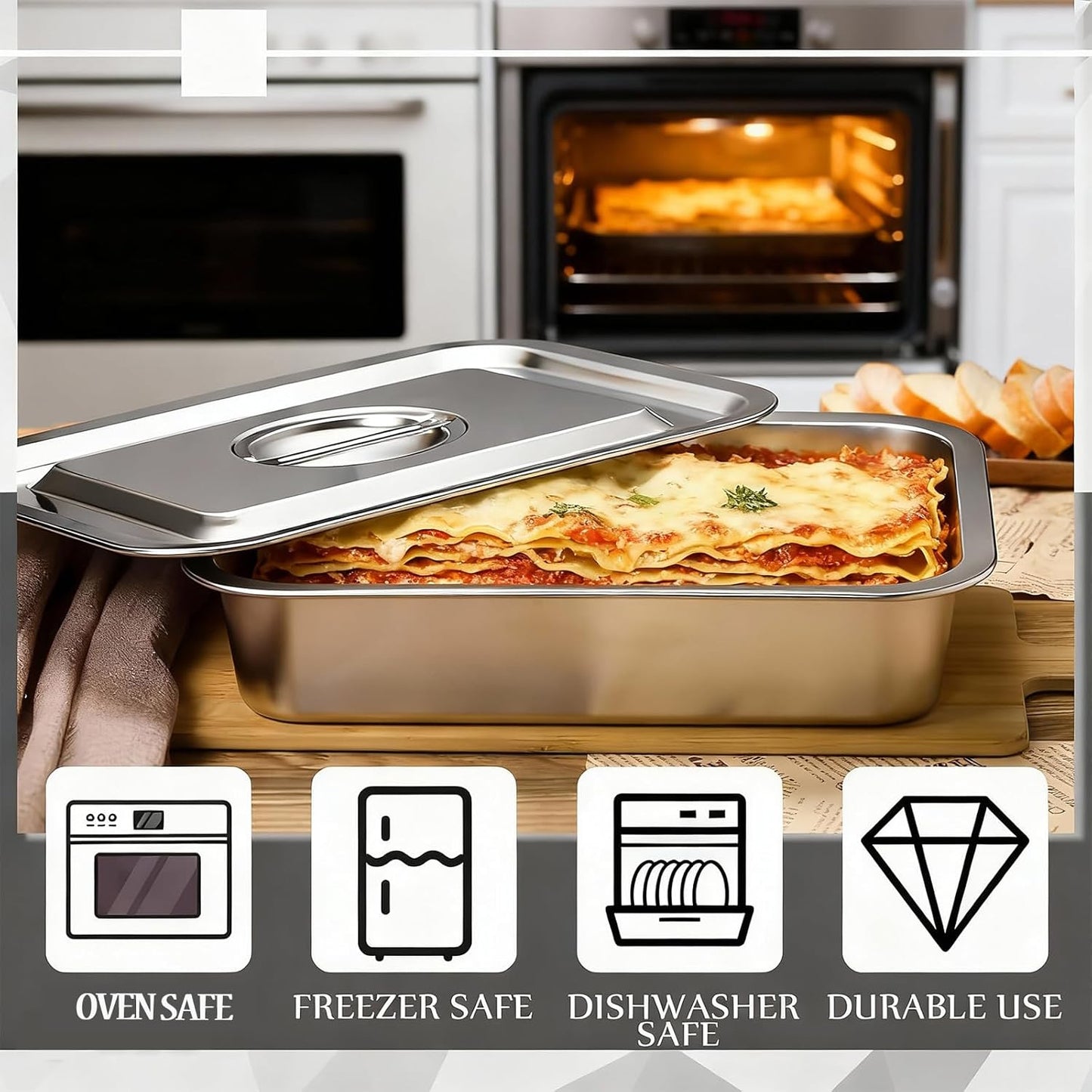 Skiennix 4-Inch Deep Lasagna Pan - 2 Pack 7.4QT Stainless Steel Baking Dish with Lid | Perfect for Roasting
