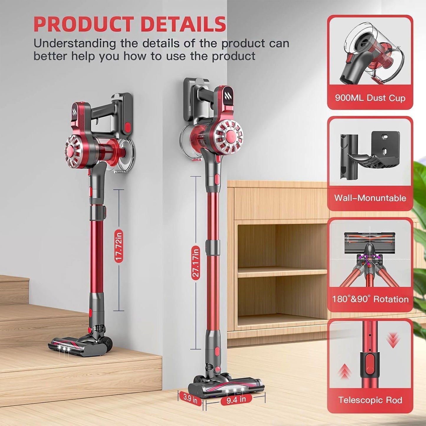 WLOTPO Cordless Vacuum Cleaner - Lightweight Rechargeable Stick Vacuum with Powerful Suction | 35 Min Runtime, Red Grey