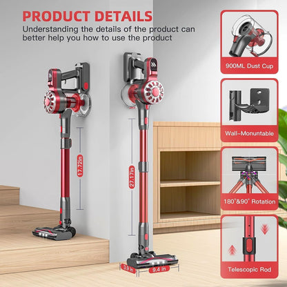 WLOTPO Cordless Vacuum Cleaner - Lightweight Rechargeable Stick Vacuum with Powerful Suction | 35 Min Runtime, Red Grey