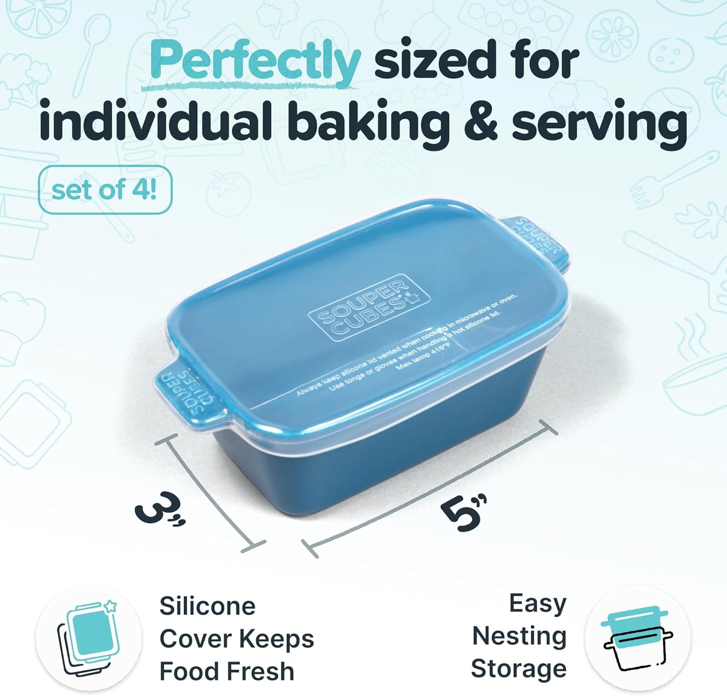 Souper Cubes Stoneware - Small 5" x 3" Ceramic Baking Dish Set of 4 with Silicone Covers | Blueberry