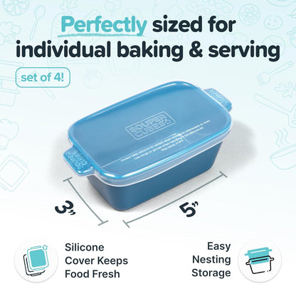 Souper Cubes Stoneware - Small 5" x 3" Ceramic Baking Dish Set of 4 with Silicone Covers | Blueberry