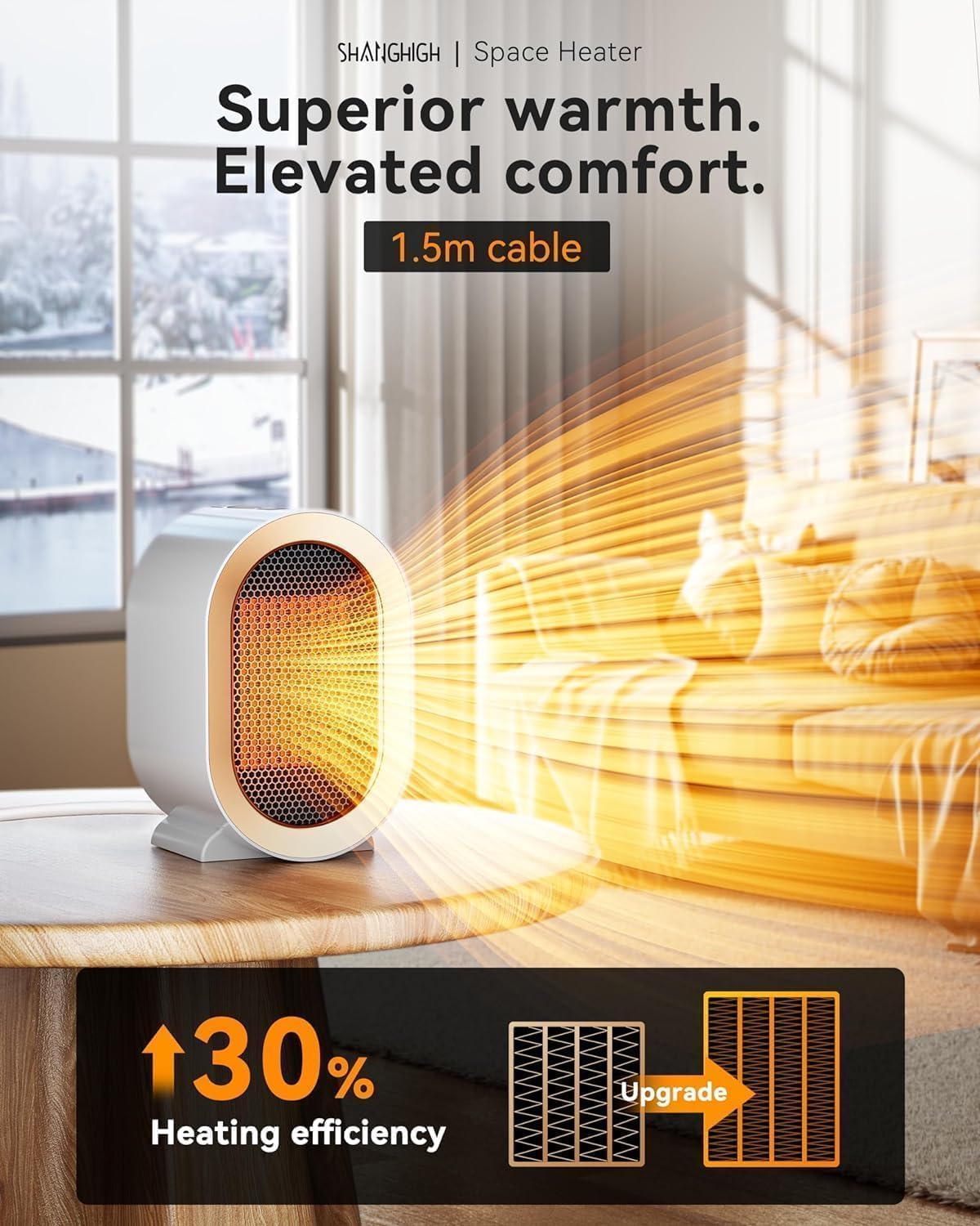 QQT Space Heater - Corded Portable PTC Ceramic Heater for Indoor Use | Quiet & Energy-Saving, White