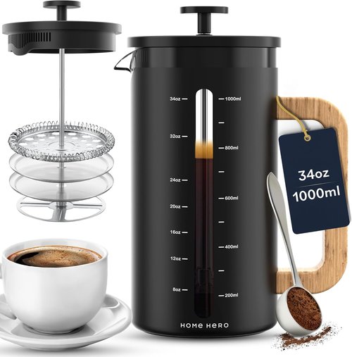 Home Hero French Press Coffee Maker - 34 oz Heat Resistant Borosilicate Glass with Bamboo Handle | 4 Layer Filter, Black