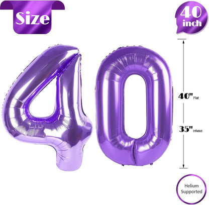 Purple Number 40 Balloon - 40 Inch Giant Foil Balloon for 40th Birthday Party Decorations