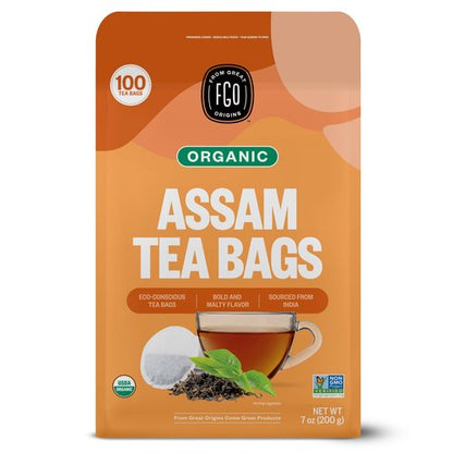 FGO Organic Assam Tea, 100 Count, Eco-Conscious Black Tea Bags, Resealable Bag, Packaging May Vary (Pack of 1)