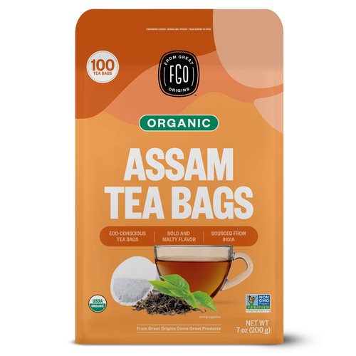 FGO Organic Assam Tea, 100 Count, Eco-Conscious Black Tea Bags, Resealable Bag, Packaging May Vary (Pack of 1)