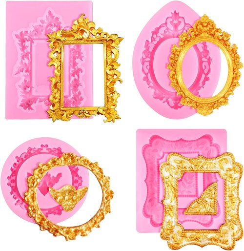 JJUNW Silicone Molds - 4 Pcs Baroque Style Photo Frame Molds for Cake Decoration & Crafts