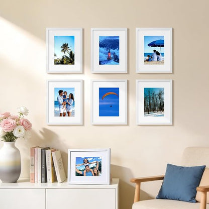 HappyHapi 8x10 Picture Frame Set of 6 - Versatile White Frames for 5x7 or 8x10 Photos | Wall or Tabletop Display