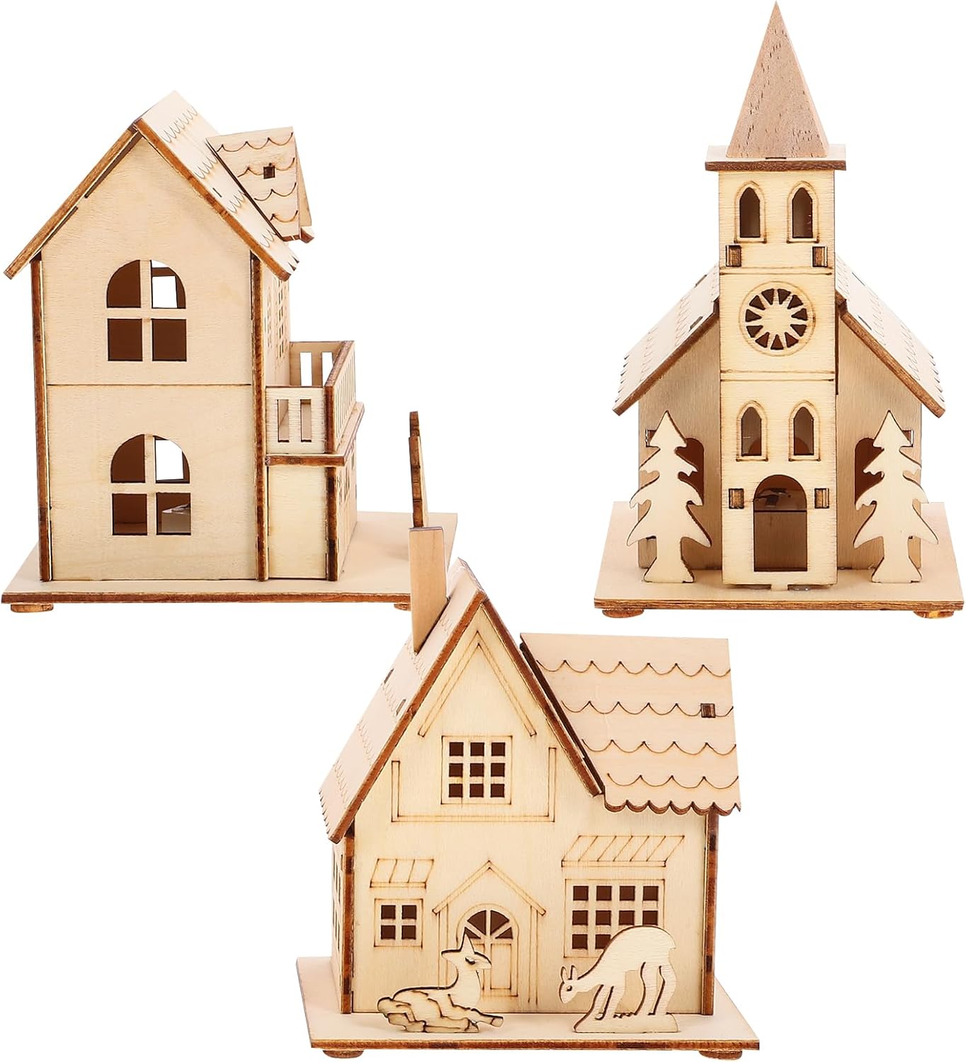 NUOBESTY Christmas Wood Village Ornaments - 3pcs LED Luminous Houses for Festive Decor | Light Brown