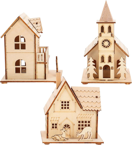 NUOBESTY Christmas Wood Village Ornaments - 3pcs LED Luminous Houses for Festive Decor | Light Brown