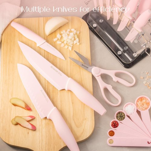 Astercook Kitchen Knife Set with Block and Sharpener 22 Piece German High Carbon Stainless Steel Knives Sharp Blade Dishwasher Safe Knife Set with Anti-slip Ergonomic Handle, Crystal Pink