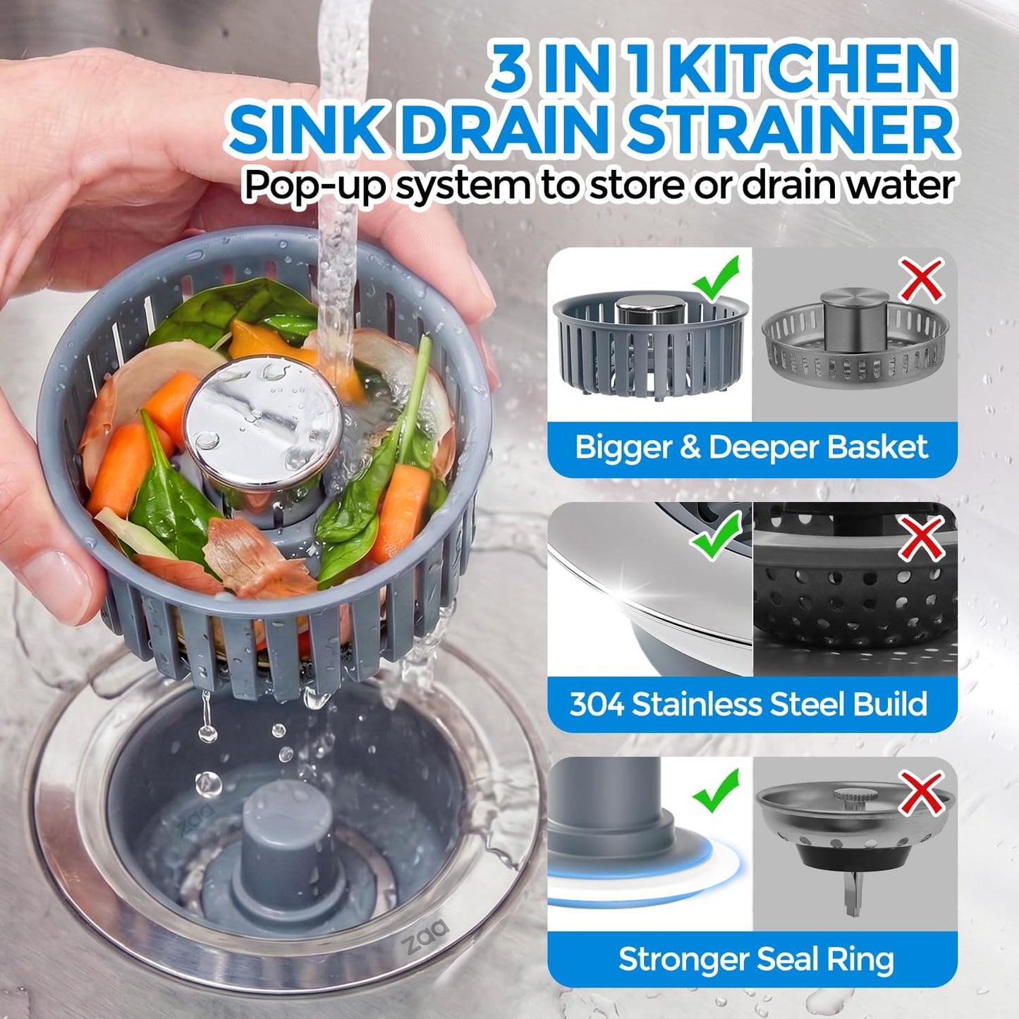 Skiennix Sink Drain Strainer - 3-in-1 Anti-Clogging Kitchen Stopper | Fits US Standard 3-1/2'' Sink Hole, Silver